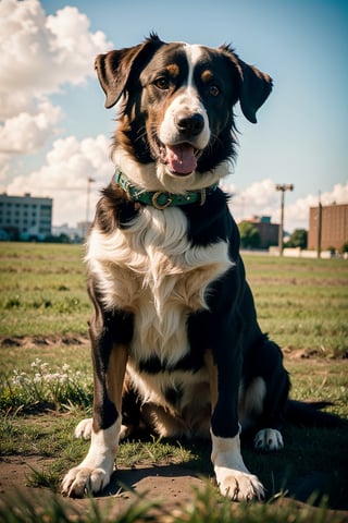 a cute golden Border Collie with honey eyes on wide green fields, smiling dog, cyberpunk style, ((intricate details)), hdr, ((intricate details, hyperdetailed)), cinematic shot, vignette 