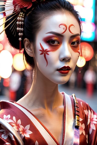 close up cinematic photo of a geisha dancing in the street, wielding a fan in one hand in Neo-Tokyo, cinematic, 4k, 8k uhd, dslr, soft lighting, high quality, film grain,ktrmkp  face paint,photorealistic,Masterpiece,ktrmkp  makeup,ktrmkp,makeup,Vogue,Ptcard,vintagepaper