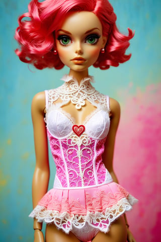 (realistic:1.3) Blythe doll, Haute couture, no particular features, of high fashion embroidery and lace swimwear, (long shot: 1.2) (frutiger style:1.3), (colorful:1.3), (2004 aesthetics:1.2).  swirls, heart \(symbol\), (gradient background:1.3) (dinamic pose: 1.3). Saturated colors, tonal transitions, detailed, minimalistic, concept art, intricate detail, World character design, high-energy, concept art, Masterpiece,iconic, PoP art,more detail XL, intricate colors blend, photorealism,leonardo,artint,sweetscape,ink 