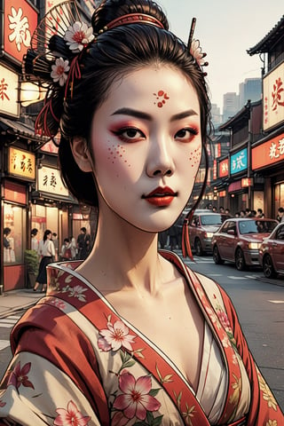 close up cinematic photo of a geisha dancing in the street, wielding a fan in one hand in Neo-Tokyo, cinematic, 4k, 8k uhd, dslr, soft lighting, high quality, film grain,ktrmkp  face paint,photorealistic,Masterpiece,ktrmkp  makeup,ktrmkp,makeup,Vogue,Ptcard,vintagepaper,drwbk coloring book drawing,comic book