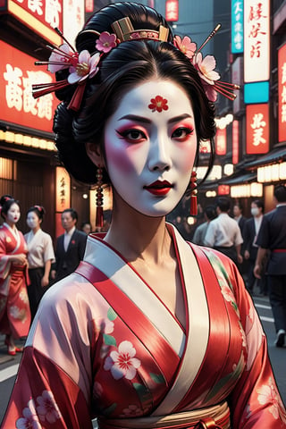 close up cinematic photo of a geisha dancing in the street, wielding a fan in one hand in Neo-Tokyo, cinematic, 4k, 8k uhd, dslr, soft lighting, high quality, film grain,ktrmkp  face paint,photorealistic,Masterpiece,ktrmkp  makeup,ktrmkp,makeup,Vogue,Ptcard,vintagepaper,drwbk coloring book drawing,comic book,DonM3l3m3nt4lXL