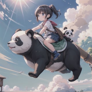 The little girl is riding on the back of a docile large panda, and the two are flying freely among the clouds.