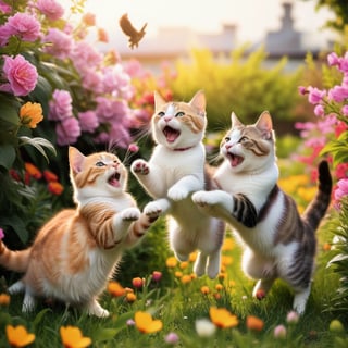 Three cats are playing and chasing each other among the blooming flowers, full of joy
