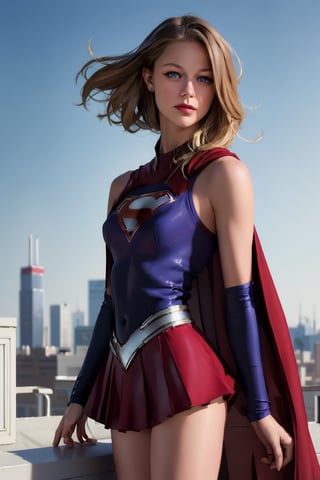 (masterpiece, best quality, ultra-detailed, 8K) (Melissa Benoist:1.15) as supergirl, smirk, miniskirt, sleeveless crop top, cape, (detailed face, detailed eyes, both eyes the same, realistic skin texture, glistening skin:1.15), standing on rooftop, dynamic pose, one_leg_raised,Melissa Benoist