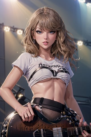 (masterpiece, best quality, ultra-detailed, 8K:1.2) Taylor Swift, (playing guitar on stage:1.18), long hair, midriff, (upshirt, underboob, from below, looking at viewer, looking down), miniskirt, (detailed face, detailed eyes, both eyes the same, realistic skin texture, glistening skin), closeup