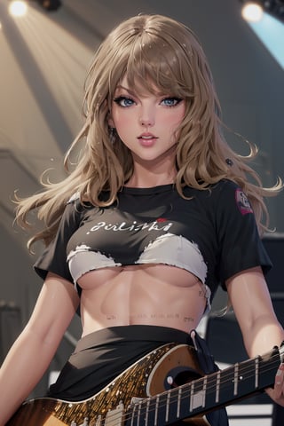 (masterpiece, best quality, ultra-detailed, 8K:1.2) Taylor Swift, (playing guitar on stage:1.18), long hair, midriff, (upshirt, underboob, from below, looking at viewer, looking down), miniskirt, (detailed face, detailed eyes, both eyes the same, realistic skin texture, glistening skin), closeup