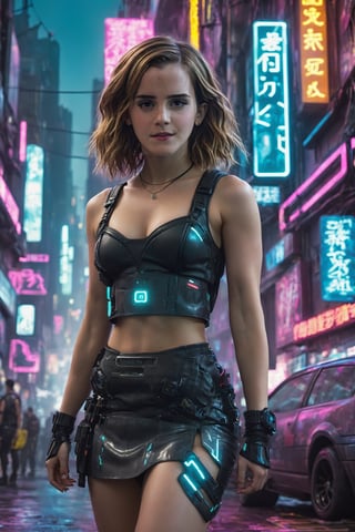 Emma Watson, long hair, wavy hair, cyberpunk style, cleavage, midriff, skirt, (dynamic pose), realistic skin texture, glistening skin, detailed face, neon lights, detailed background, cyberpunk city in background, wide_shot, dynamic shot
