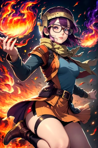(masterpiece, highest quality:1.2) ultrarealistic, lucca, 1girl, purple hair, short hair, helmet, glasses, (perfect face, perfect eyes, realistic skin texture:1.15) (miniskirt), (FireMagicAI, fire magic), looking at viewer