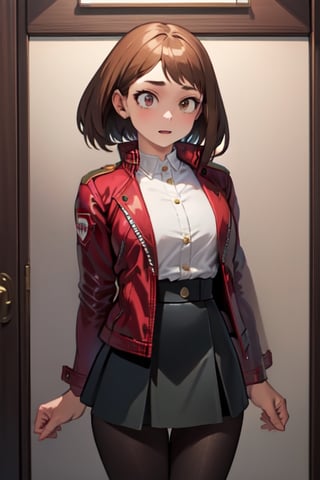 masterpiece, best quality, highres, (red jacket:1.2), buttons, long sleeves, black skirt, high-waist skirt, black pantyhose, cowboy shot, hmochako,portrait