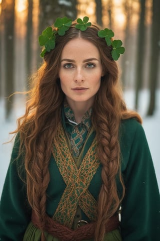 35 year old female leprechaun in a lush snowy forest at sunrise, long flowing braided hair, warmth, determination, poise, eyes glimmering with warm hues, clothes adorned with a geometric four leaf clover pattern, perfect eyes, perfect anatomy, artistic composition, masterpiece quality, high-detail, realistic skin texture, captured with Sony A7R IV, Sony FE 50mm f/1.2 GM lens, bathed in warm natural light, ultra-realistic