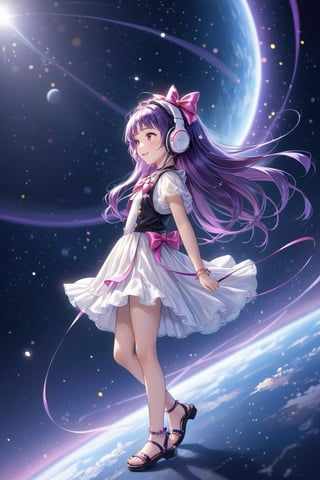 very cute child, headphone, big bow long purple hair, She is a streamer and seems to enjoy , ,smiling ,wearing cute clothing , sandals, from side, dynamic, vibrant,
anime style,masterpiece, best quality, aesthetic, bokeh, depth of field, dynamic , wide angle, in space, fantasy