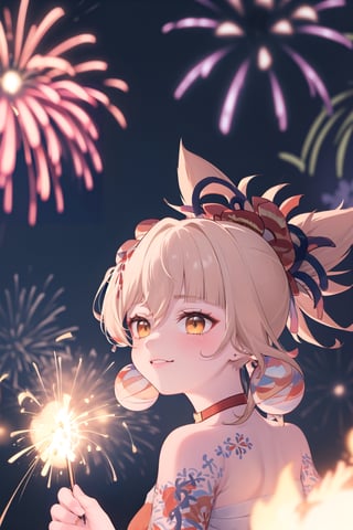 yoimiya smiles at fireworks explode in the background and she is very cute 