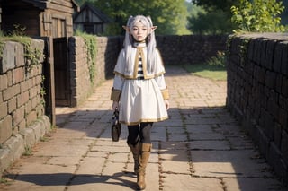 Masterpiece, top quality, 35 years old , 1girl, pigtails, silver hair, choppy bangs , medium breast, pointy ears, full body.

She cosplay as Frieren, the character is in Frieren: Beyond Journey's End. 

Outdoors, dynamic, highly detailed, concept art, smooth, sharp focus.,Realistic.,YAMATO,Frieren
