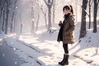 Masterpiece, top quality.Generate a high-quality, hyper-realistic, and beautifully styled image of a 30-year-old woman. She is petite with a long ponytail and choppy bangs, dressed in a winter coat and a warm pants, and wearing snow boots. She is standing in a picturesque snow-covered landscape, the world around her a serene and magical winter wonderland. In her hands, she holds a small flame, gazing at it with joy and wonder.

outdoors, dynamic, highly detailed, concept art, smooth, sharp focus.,Realistic.,YAMATO