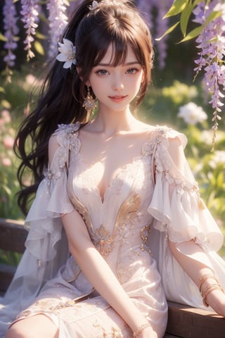 Masterpiece, top quality,1girl, solo, long ponytail,  choppy bangs, breasts, looking at viewer, brown hair, hair ornament, dress, cleavage, sitting, flower, parted lips, water, white dress, wisteria. happy smile.

Outdoors, dynamic, highly detailed, concept art, smooth, sharp focus.,Realistic.,YAMATO