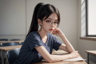 Masterpiece, top quality,# Classroom Ennui

Create a high-quality, hyper-realistic, and beautifully styled image of a 30-year-old cute woman. She has along ponytail and choppy bangs, black hair, thick frame glasses,and is dressed in a black short-sleeve shirt, blue denim shorts, and canvas shoes . She is sitting in a lecture hall, looking bored. Around her, classmates are either looking at their phones or sleeping on their desks, capturing the essence of a dull classroom experience.


meeting room, dynamic, highly detailed, concept art, smooth, sharp focus.