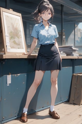 Masterpiece, top quality, 1 girl, Office lady, looking at viewer, smile, long ponytail, choppy bangs, skirt, black hair, pale-blue shirt with no buttons, standing, short sleeves, glasses, indoors, black A-line skirt, shirt is outside  the skirt, short socks, canvas shoes, full body.


in the bank, dynamic, highly detailed, concept art, smooth, sharp focus.