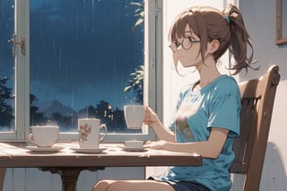 Masterpiece, top quality,1girl and 1 boy, the girl with brown hair and long ponytail,  choppy bangs, thick frame glasses . the boy with silver short hair. they wear short T-shirt and short pants.

It's raining,downpour, the girl sit on the chair, look at the window, she hold a cup of coffee, the boy kiss the girl, with great tenderness, happiness.

Indoors, Night, dynamic, highly detailed, concept art, smooth, sharp focus.