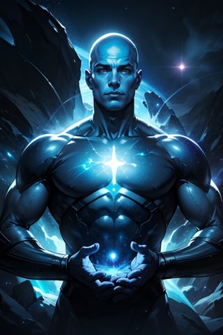 Create an image of a cosmic being that is a silhouette embodiment of a galaxy itself, it resembles Dr. Manhattan from dc comics standing tall amidst a swirling galaxy, his iconic blue skin radiating with cosmic energy, vivid colors, natural lighting, beautiful lighting, dramatic lighting, immersive atmosphere, (chiaroscuro:0.2) volumetric lighting, 8k resolution trending on Artstation Unreal Engine 5, chiaroscuro, bioluminescence, Extremely Realistic.