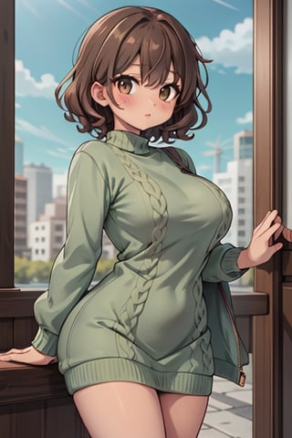 Solo girl, brown short curly hair, tan skin, mint green sweater dress, breasts