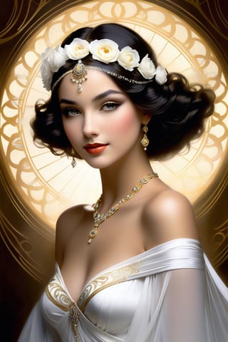 In a mystifying fog-shrouded setting, an enigmatic Princess poses serenely, her luscious dark wavy hair flowing like secrets of the night. The delicate art nouveau white rose headband adorns her forehead, as Rolf Armstrong-inspired calligraphic lines dance around her ethereal features. Paul Poiret's opulence is evident in the gold jewelry and deep, rich colors surrounding her. Chiaroscuro lighting casts a warm glow, highlighting the subtle smile hinting at hidden mysteries.