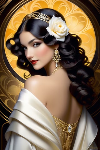 An enigmatic Princess poses serenely, her luscious dark wavy hair flowing like secrets of the night. The delicate art nouveau white rose headband adorns her forehead, as Rolf Armstrong-inspired calligraphic lines dance around her ethereal features. Paul Poiret's opulence is evident in the gold jewelry and deep, rich colors surrounding her. Chiaroscuro lighting casts a warm glow, highlighting the subtle smile hinting at hidden mysteries.