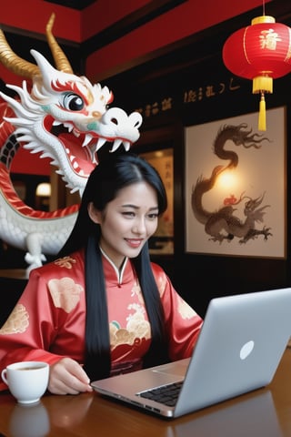 2 mature beautiful  ladies,programmer, Chinese new year, using laptops in coffee shop, watched at the screen of laptop. ted pocket fill in the room. dragon is flying above their heads. HD 16K, masterpieces, Japanese wear Chinese costume, Chinese new year decoration 