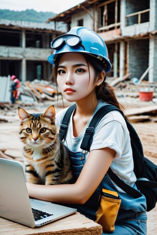 23歲美女，determined eyes, 迷人魅力, worker, construction site, laptop on hands, a cat is sitting beside her 
