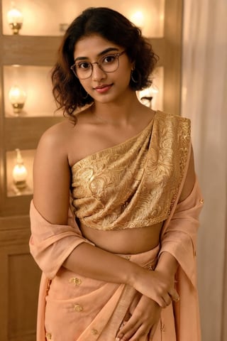 In the positive prompt, the image depicts a young teenage girl with a short height and shoulder-length hair. She wears a maroon saree and small earrings, adding an elegant touch. Holding a guitar, she exudes a sense of passion and creativity. The theme is fashion-forward, with soothing tones and muted colors, enhancing the overall aesthetic. Her Mallu curly hair frames her face beautifully, while her study glasses add an intellectual flair. Despite her lowered head, she maintains a confident gaze towards the camera, capturing the viewer's attention with her charisma and charm. The image's high contrast and soft lighting accentuate her natural skin texture, creating a hyperrealistic portrayal that is both captivating and relatable.