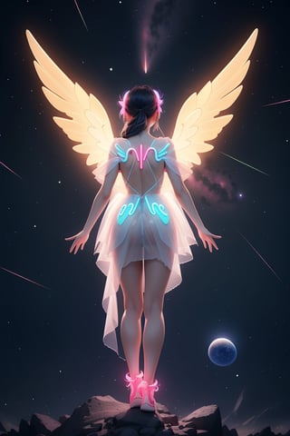 (1girl, standing on the Milky Way, looking into the distance, dressed in tulle, wings on her back made of neon light, comet), masterpiece, HDR, depth of field, wide view, raytraced, full length body, unreal, mystical, luminous, surreal, high resolution, sharp details, translucent, beautiful, stunning, a mythical being exuding energy, textures, breathtaking beauty, pure perfection, with a divine presence, unforgettable, and impressive.