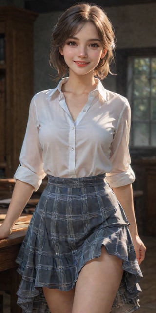 (1girl, medium breast, teacher, white shirt, plaid tiered skirt, in classroom, alluring smile, looking_at_viewer, beautiful small hands, photo of perfecteyes eyes, sexy pose), masterpiece, UHD, realism, realistic, depth of field, wide view, raytraced, full length body, mystical, luminous, high resolution, sharp details, translucent, beautiful, stunning, a mythical being exuding energy, textures, breathtaking beauty, pure perfection, with a divine presence, unforgettable, and impressive.