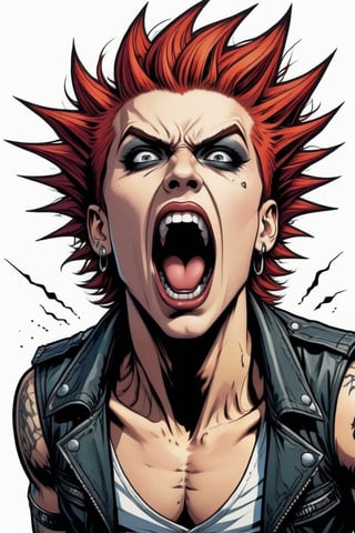 Leonardo Style ,Stylized PunkRock Singer  screaming , looking at viewer,  cell shade art style,comic book , insane resolution , white solid background