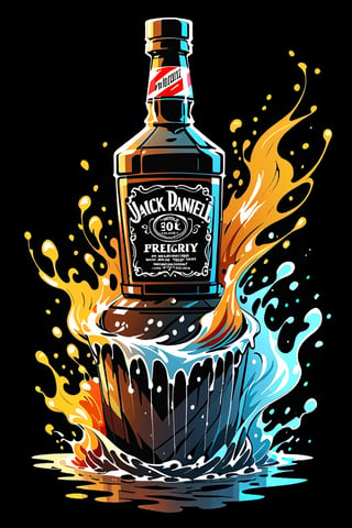 (best quality, 4k, 8k, highres, masterpiece:1.2), ultra-detailed,T-shirt design,illustration, jack daniel bottle with water splashes and melted ice cubes
