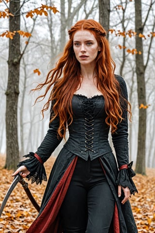 beautiful young woman with long red hair, freckles, wears the clothes of a vampire hunter, van helsing, dynamic pose, Victorian clothes, black and red scales, silhouettes, watercolor, highly detailed, white background with golden leaves —ar 3:2