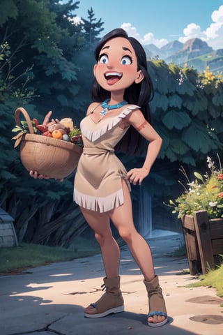 High resolution, extremely detailed, atmospheric scene, masterpiece, best quality, high resolution, 64k, high quality, Full body, SAM YANG, 1 girl hobbits in lively Hobbiton market. She carries a basket filled with fresh produce, cheerful demeanor, white apron, light blue dress with fringes, white collar and sleeves , EnvyBeautyMix23. ,pocahontas