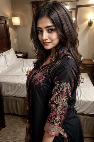 Lovely cute young attractive teenage girl, city girl, 14 years old, cute, an Instagram model, long black_hair, colorful hair one side, shy smile, black red salwar kameez, in hotel rooms with boyfriend 