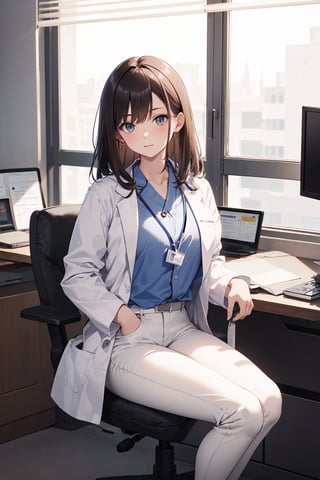 modern doctor's office, brunette model, white doctor's lab coat, sunny, sitting on chair at desk, looking at viewer, white pants