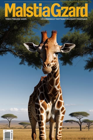 magazine cover of a international travel magazine featuring majestic African giraffe standing next to tree photorealistic