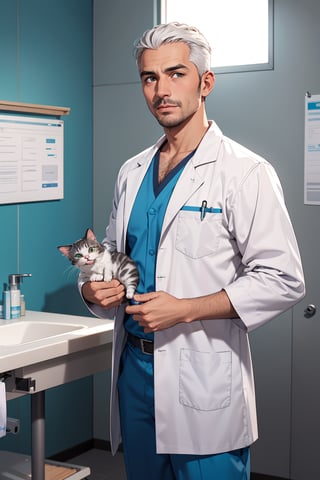 modern veternary exam room, algerian man veternarian, white veternary lab coat, sunny, kitten on exam table, blue veternary scrub pants, veternary scrub top