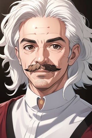 portrait, wild messy bushy white hair, white afro, wrinkles on forhead, white bushy mustache, wrinkles on face, large forehead, round nose, photorealistic, male, BREAK brown eyes