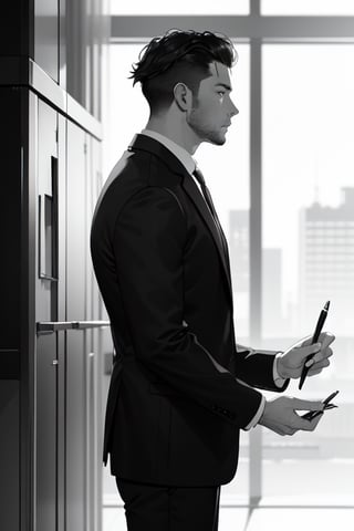 man in a white business suit handing back a pen, monochrome, black and white, view from side, side profile