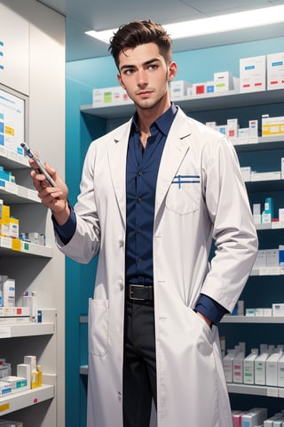 modern pharmacy, argentinian man pharmacist white lab coat, bright