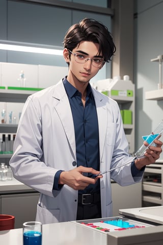 modern genetics laboratory, Bangladeshi man geneticist scientist white lab coat, bright