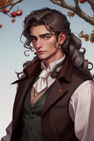 portrait, long curly gray hair, long defined nose, oval-shaped face with high forehead, prominent cheekbones, pointed chin, 1600 style rust-brown coat over black waistcoat, white neckcloth, and white shirt cuff, English male, apple tree
BREAK 
brown eyes