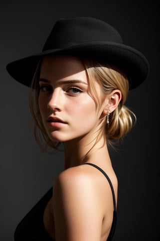 The image shows a young woman who resembles Emma Watson. Her face occupies the center of the frame, attracting the eye. Her blonde hair is styled in a casual updo, as if she had just stepped out of a gust of wind. Her facial features are gentle and graceful - tender eyes, small nose, plump lips. Her expression is thoughtful, lost in her own thoughts, with a hint of vulnerability. She wears a stylish fedora on her head that creates dramatic shadows on part of her face. The lighting is moody and atmospheric, with well-defined shadows and highlights that highlight the shape of her face and features. The background is deliberately blurred, out of focus, so as not to distract attention. The image conveys a sense of mystery, emotion and quiet introspection. High contrast and sharp details. Mesmerizing details, premium composition, ultra-realistic, photorealistic, realistic.
