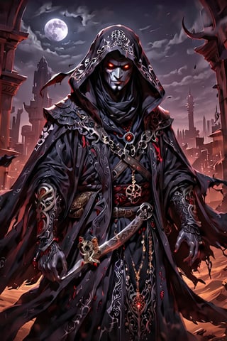 Middle Eastern-inspired vampire hunter, in the vein of Van Helsing, exuding an air of mystery and danger. Picture him clad in intricately embroidered robes, adorned with symbols of protection against the undead. His face obscured by a traditional keffiyeh, revealing only steely determination in his eyes. In one hand, he wields a curved scimitar, while the other holds a gleaming silver dagger, both engraved with ancient runes for banishing vampires. Behind him, the dusky skyline of a desert city looms, adding to the atmosphere of suspense and intrigue. Capture the essence of this enigmatic figure as he prowls the shadows, ready to confront the supernatural threats that lurk in the night."LegendDarkFantasy
