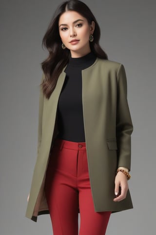 Create an image that features an individual in a layered fashion outfit consisting of an olive green jacket with red inner lining over a white crop top paired with beige pants, accessorized with a black necklace with pendants. Incorporate strong sunlight that casts dynamic shadows on and around the subject against a simple background to highlight the textures and details of each garment while maintaining warm, natural color tones throughout.