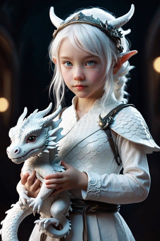 Full body portrait of a cute little white dragon girl, human-like appearance, dragon-themed features, soft and delicate, holding a small dragon toy, playful and whimsical attire, friendly and inviting expression, by FuturEvoLab, (masterpiece: 2), best quality, ultra highres, original, extremely detailed, perfect soft lighting, charming and endearing character