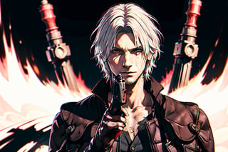 Anime ,DMC5Dante, a boy, white hair, looking at viewer, pointing a revolver gun in rigth hand at viewer, half body, hell blurred background, hd quality, 4K, master piece