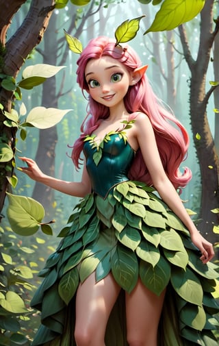 super realistic image, high quality uhd 8K, of (1 girl, forest fairy), smiling face, happy, pointy ears, detailed realistic ((slim body, high detailed)), (skinny waist), (tall model), long pink hair, high detailed realistic skin, ((dress made with leaves, intrincate details)), real vivid colors, standing,1girl,disney pixar style